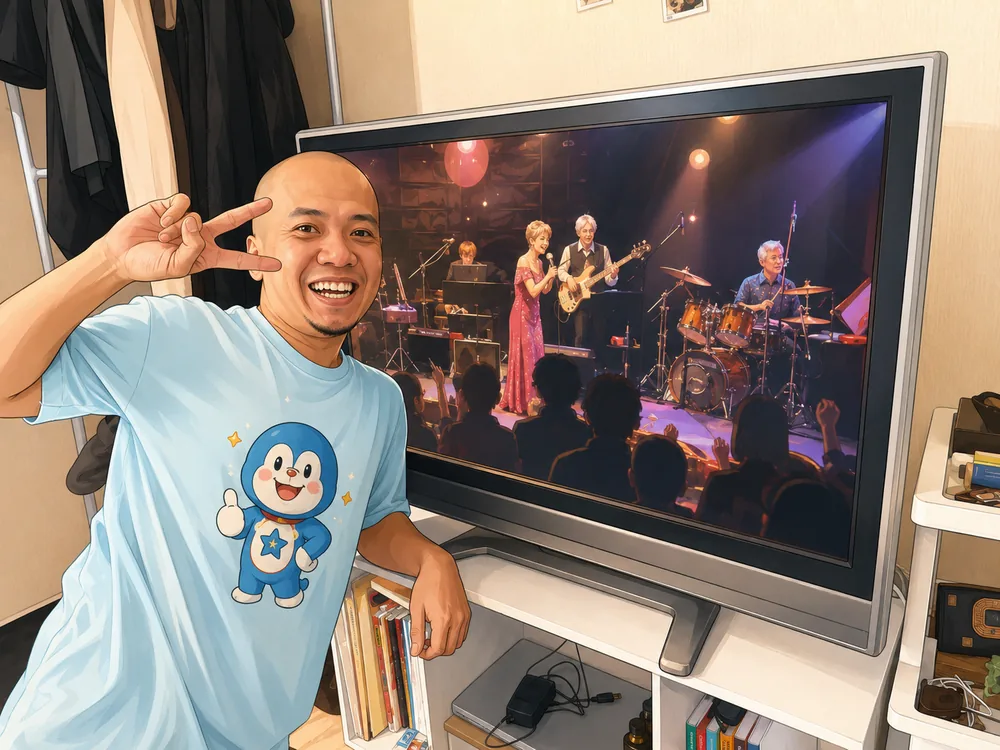 贈られた大きなテレビの前で笑顔のマンさん